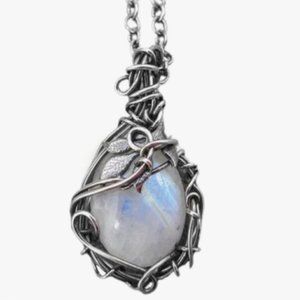 Small moonstone necklace wrapped in silver colored wire